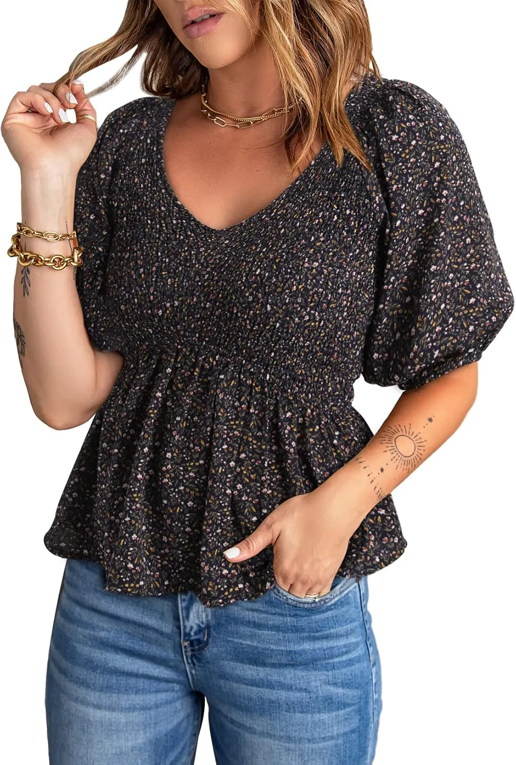 Acelitt Women's Spring Summer Puff Short Sleeve Peplum Top Casual V Neck Smocked Blouses Dressy Shirt