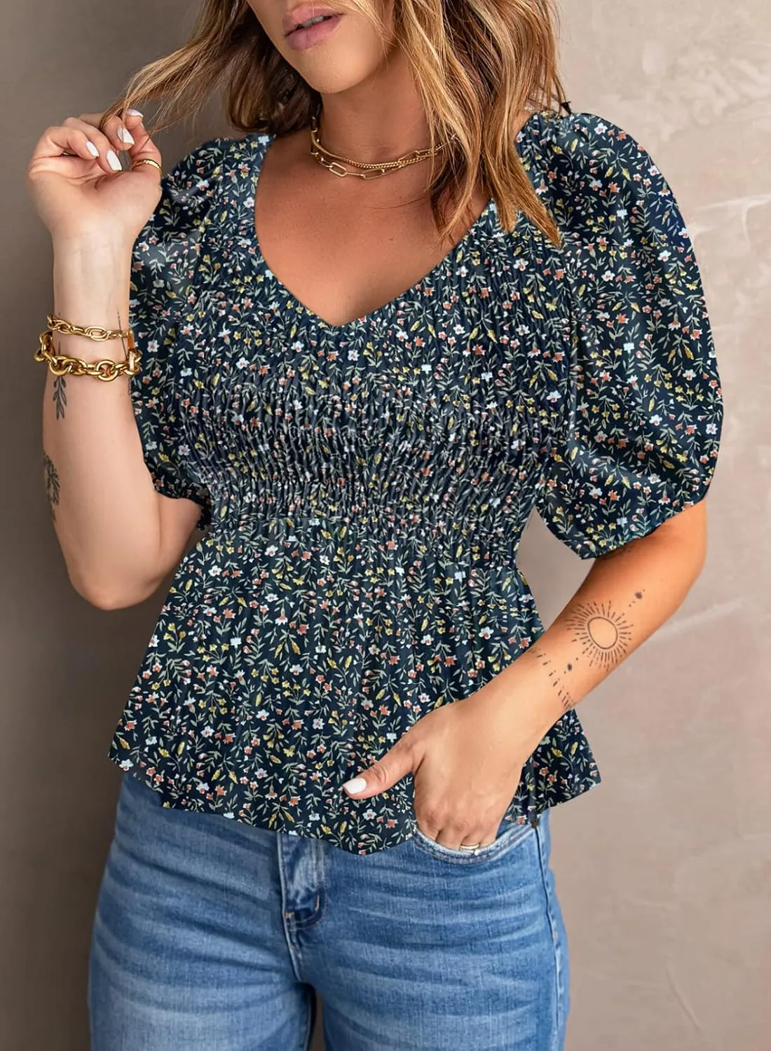 Acelitt Women's Spring Summer Puff Short Sleeve Peplum Top Casual V Neck Smocked Blouses Dressy Shirt