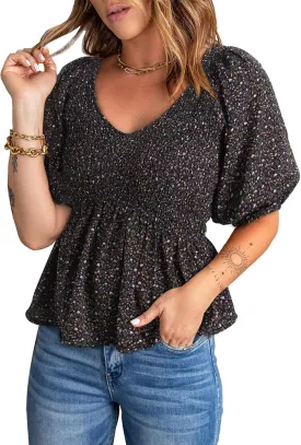 Acelitt Women's Spring Summer Puff Short Sleeve Peplum Top Casual V Neck Smocked Blouses Dressy Shirt