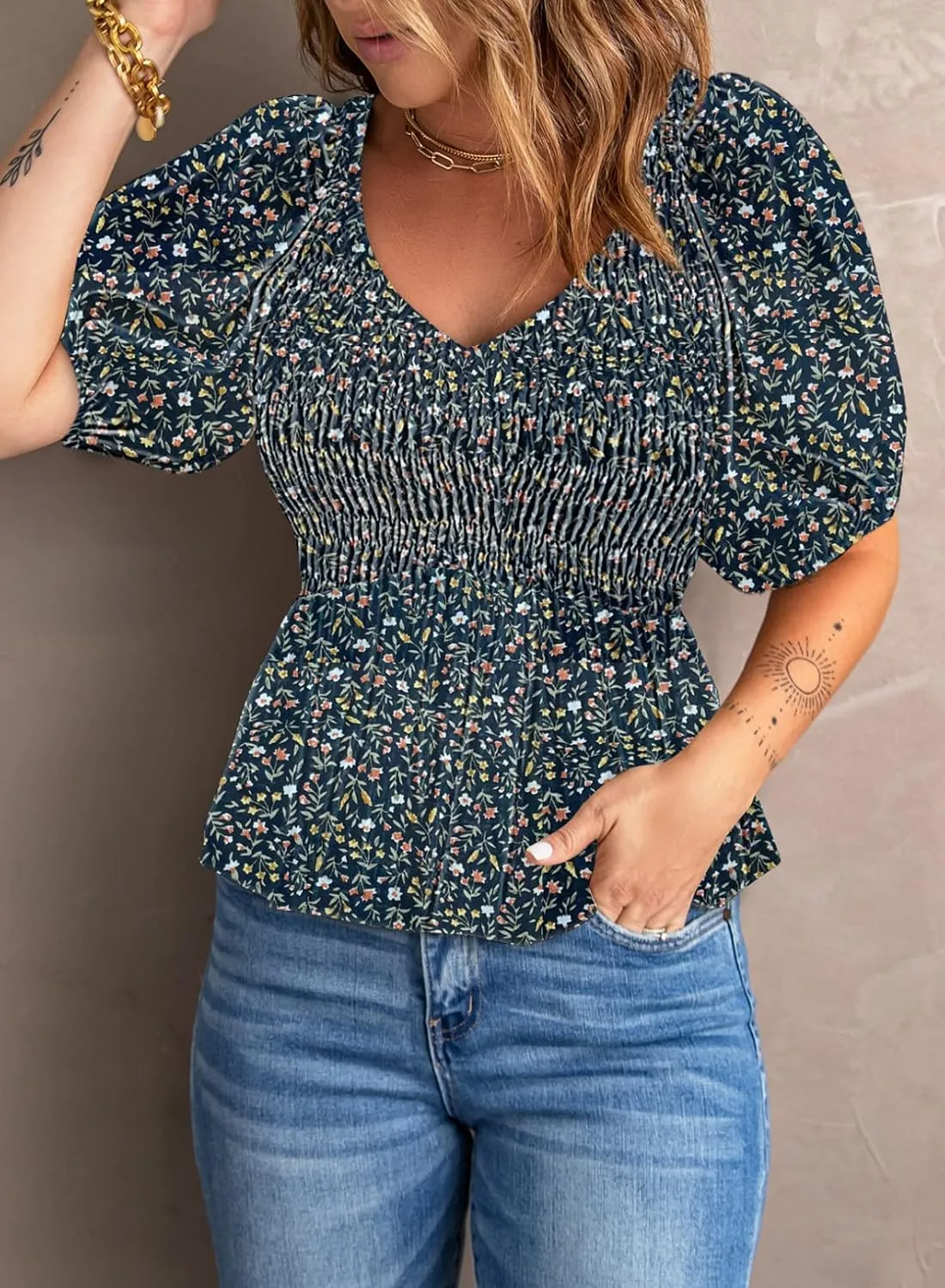 Acelitt Women's Spring Summer Puff Short Sleeve Peplum Top Casual V Neck Smocked Blouses Dressy Shirt