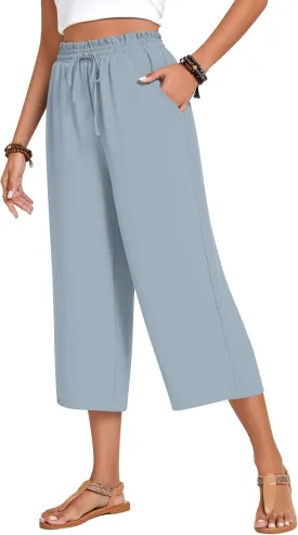 Anyhold Womens Capri Pants Loose High Waisted Wide Leg Lounge Pants Drawstring Casual Palazzo Trousers with Pockets