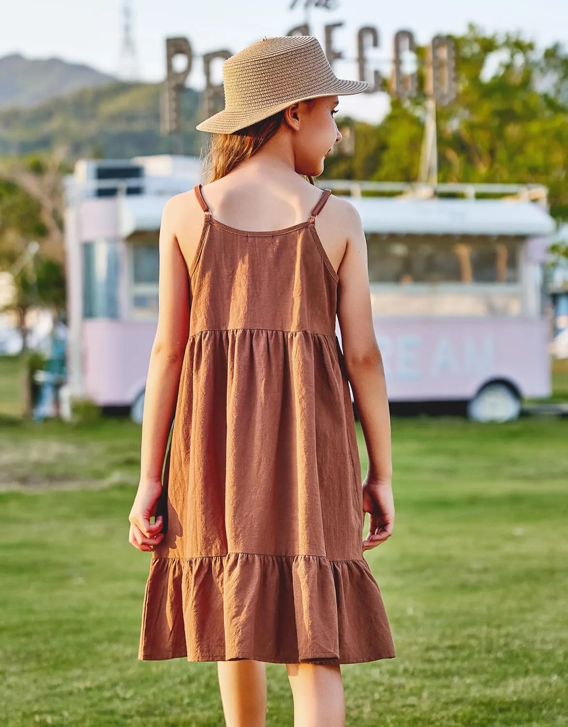 Arshiner Girl's Summer Sundress Spaghetti Strap Solid Linen Midi Dress Casual Cami Dresses