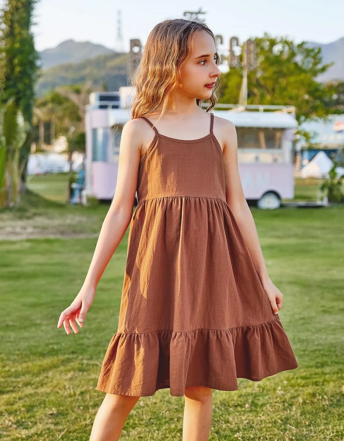 Arshiner Girl's Summer Sundress Spaghetti Strap Solid Linen Midi Dress Casual Cami Dresses
