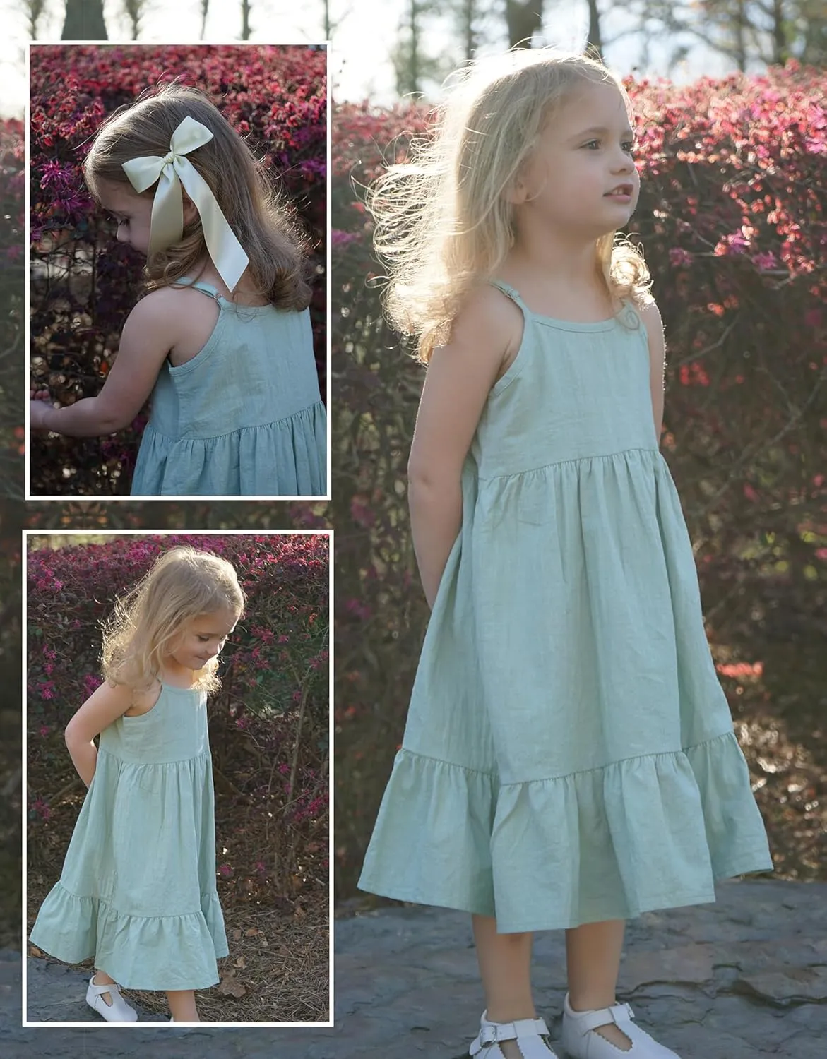 Arshiner Girl's Summer Sundress Spaghetti Strap Solid Linen Midi Dress Casual Cami Dresses