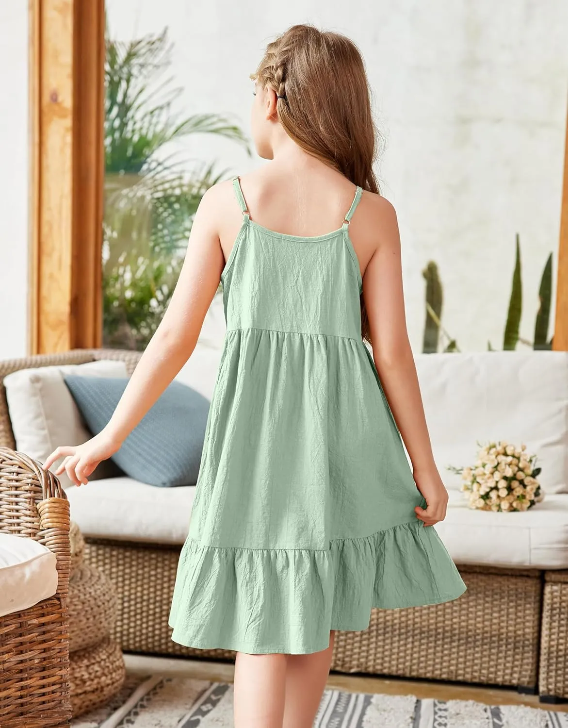 Arshiner Girl's Summer Sundress Spaghetti Strap Solid Linen Midi Dress Casual Cami Dresses
