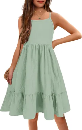 Arshiner Girl's Summer Sundress Spaghetti Strap Solid Linen Midi Dress Casual Cami Dresses