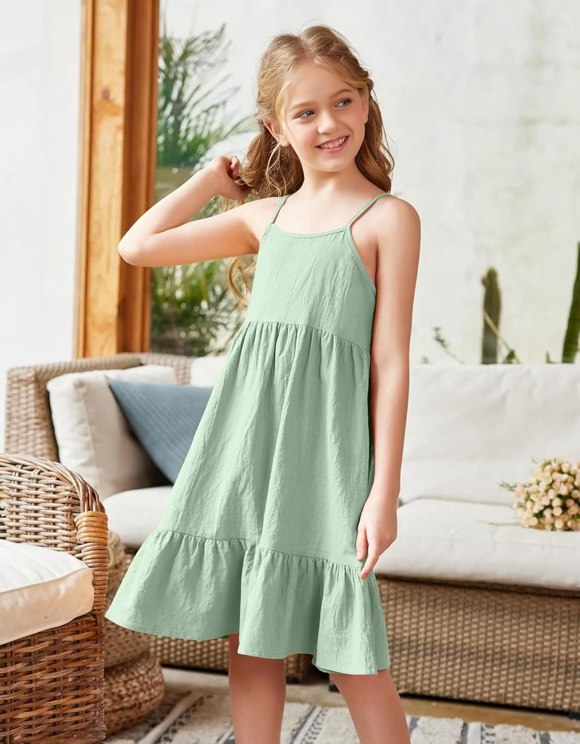 Arshiner Girl's Summer Sundress Spaghetti Strap Solid Linen Midi Dress Casual Cami Dresses
