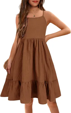 Arshiner Girl's Summer Sundress Spaghetti Strap Solid Linen Midi Dress Casual Cami Dresses