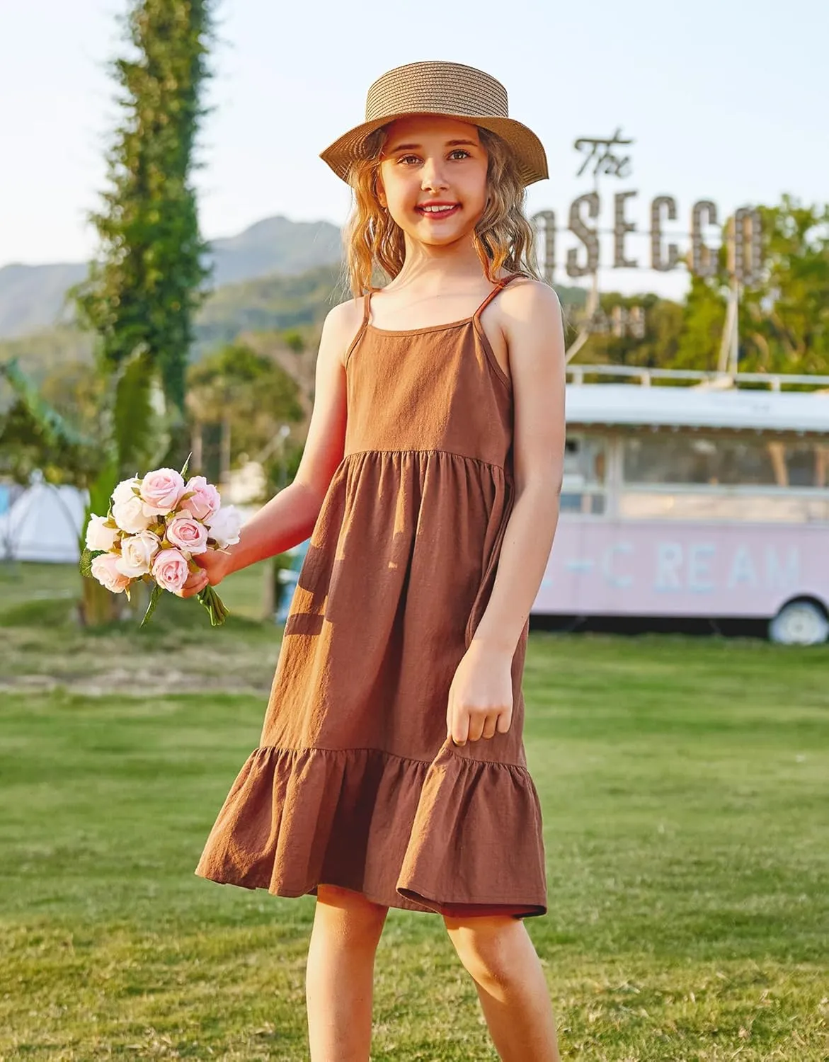 Arshiner Girl's Summer Sundress Spaghetti Strap Solid Linen Midi Dress Casual Cami Dresses