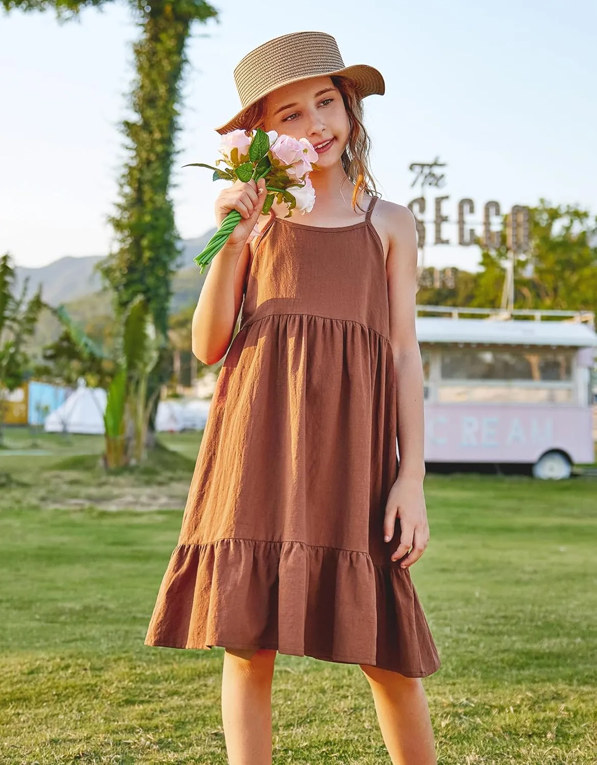 Arshiner Girl's Summer Sundress Spaghetti Strap Solid Linen Midi Dress Casual Cami Dresses