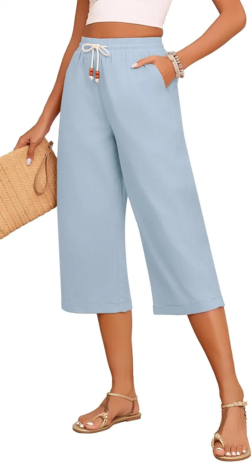 Askyes Womens Capri Pants Cotton Linen High Waisted Wide Leg Lounge Pants Casual Summer Palazzo Pants Trouser with Pockets