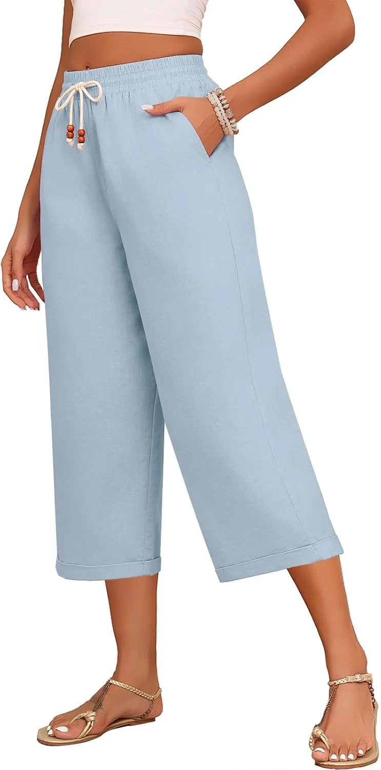 Askyes Womens Capri Pants Cotton Linen High Waisted Wide Leg Lounge Pants Casual Summer Palazzo Pants Trouser with Pockets