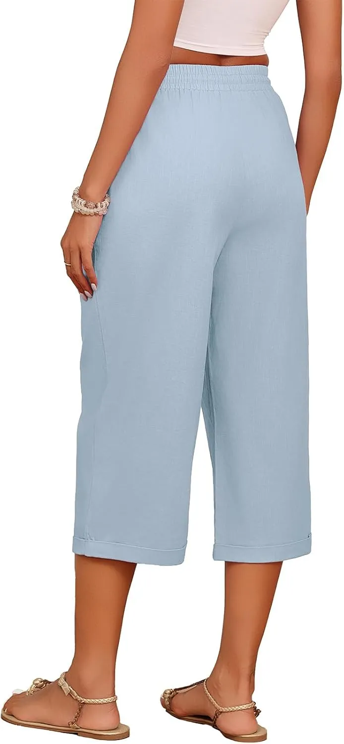 Askyes Womens Capri Pants Cotton Linen High Waisted Wide Leg Lounge Pants Casual Summer Palazzo Pants Trouser with Pockets