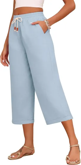 Askyes Womens Capri Pants Cotton Linen High Waisted Wide Leg Lounge Pants Casual Summer Palazzo Pants Trouser with Pockets