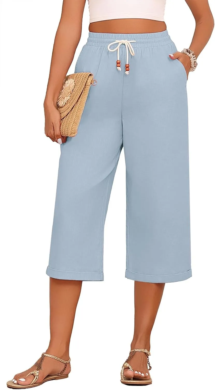 Askyes Womens Capri Pants Cotton Linen High Waisted Wide Leg Lounge Pants Casual Summer Palazzo Pants Trouser with Pockets