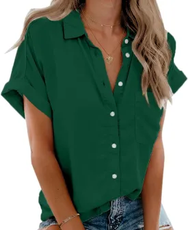 Beautife Womens Short Sleeve Shirts V Neck Collared Button Down Shirt Tops with Pockets