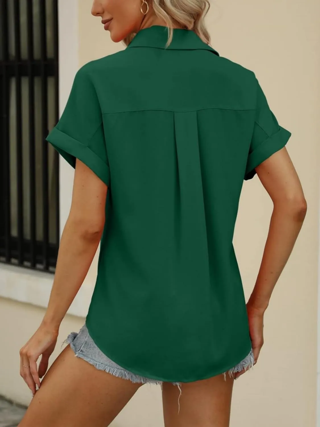 Beautife Womens Short Sleeve Shirts V Neck Collared Button Down Shirt Tops with Pockets