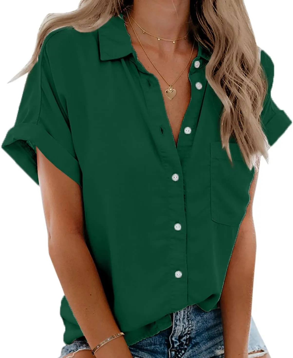 Beautife Womens Short Sleeve Shirts V Neck Collared Button Down Shirt Tops with Pockets