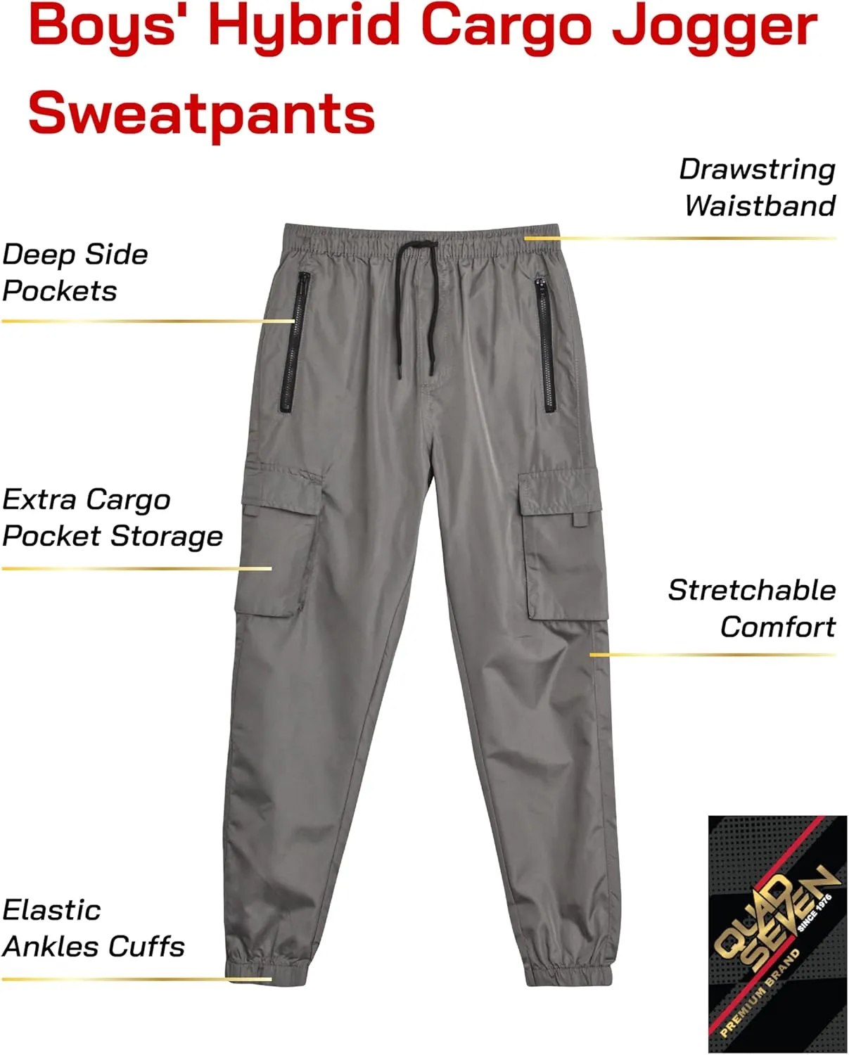 Boys Tech Pants - Quick Dry Performance Stretch Woven Joggers - Hybrid Cargo Jogger Pants for Boys (Sizes: 8-18)