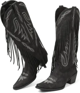 Cowgirl Boots for Women Retro Pointed Toe Pull On Block Chunky Heel Embroide Fringe Country Concert Outfits Mid Calf Western Suede and Faux Leather Cowboy Boots