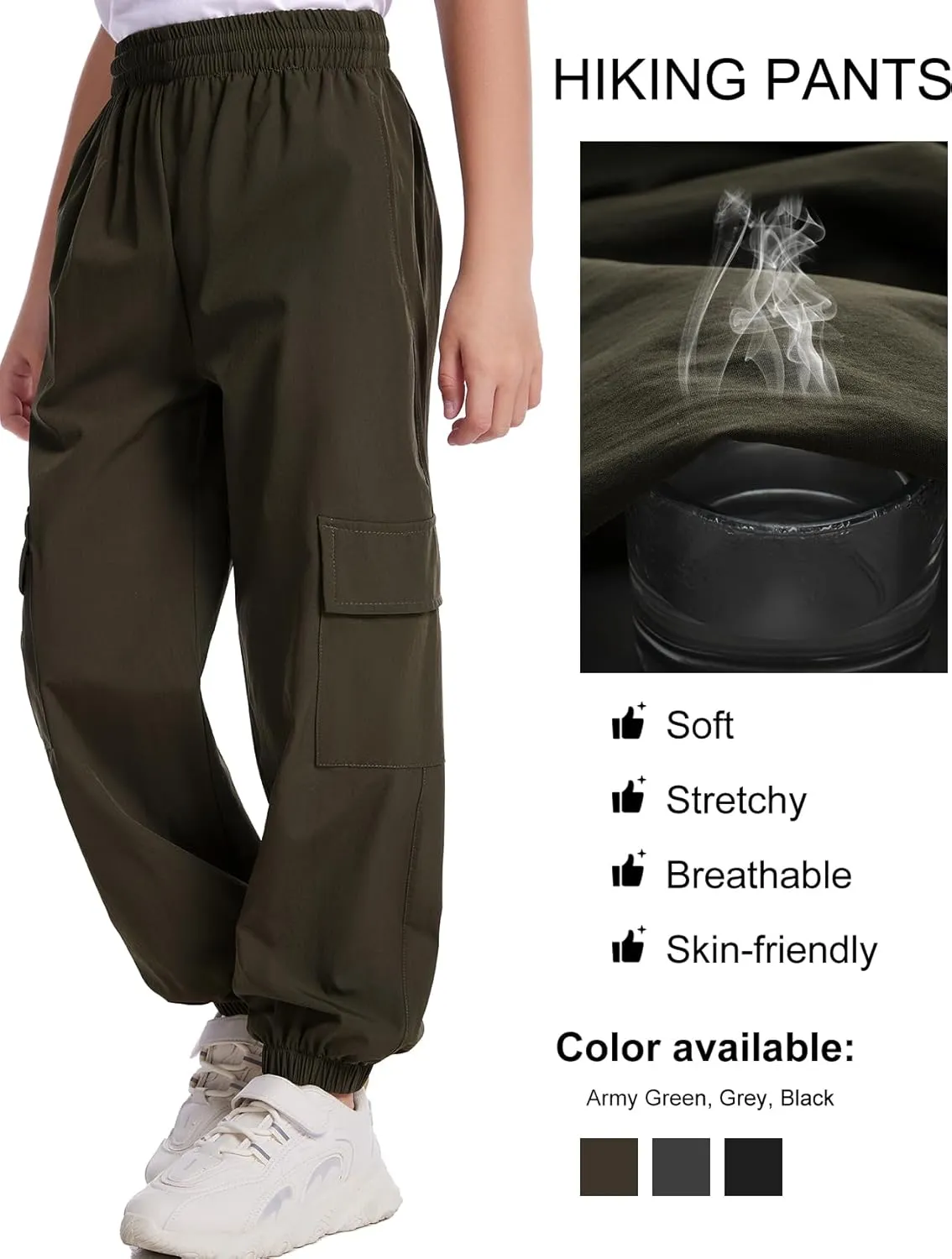 COZYPOIN Boys Cargo Joggers Pants Elastic Waist Lightweight Quick Dry Water Resistant Hiking Running Pants for Kids 5-14Y