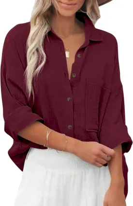 Diosun Womens Casual Button Down Shirts V Neck Long Sleeve Cotton Loose Fit Plain Work Blouse Tops with Pocket