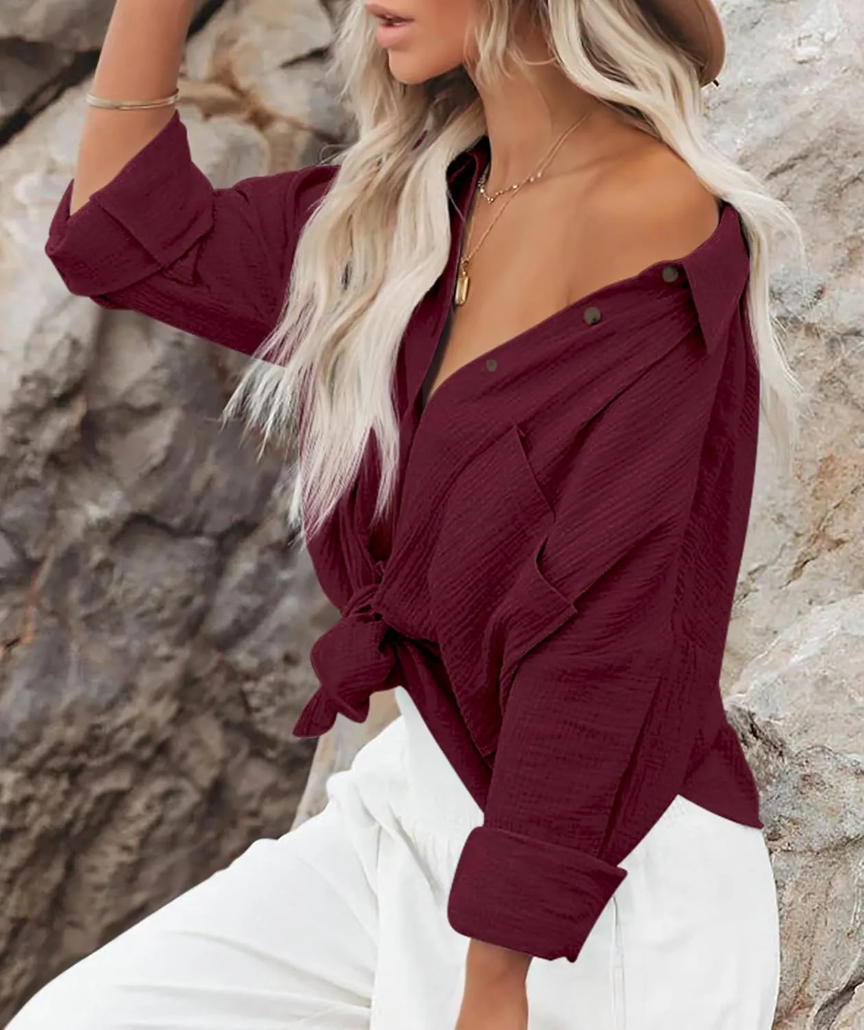 Diosun Womens Casual Button Down Shirts V Neck Long Sleeve Cotton Loose Fit Plain Work Blouse Tops with Pocket