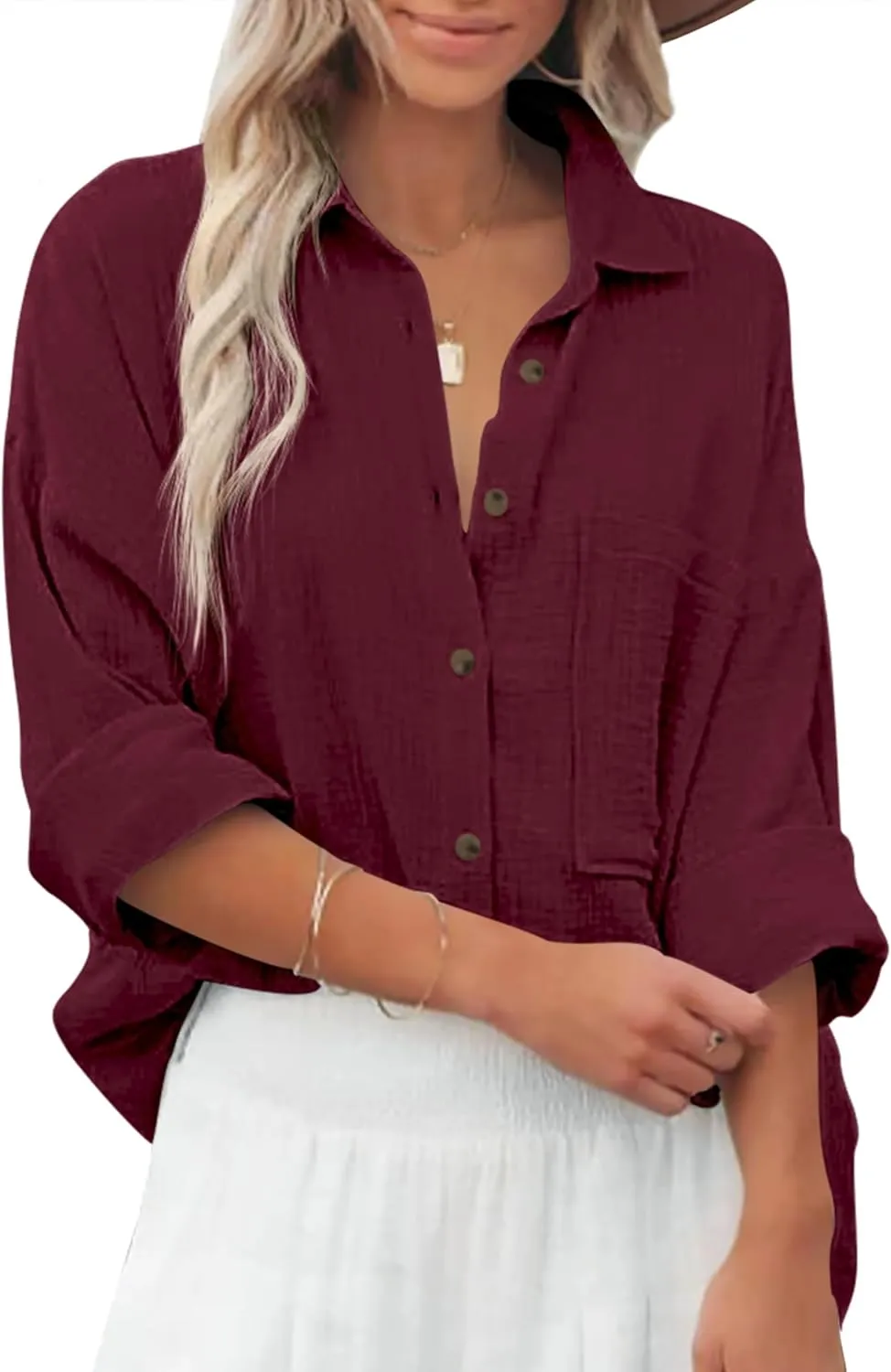 Diosun Womens Casual Button Down Shirts V Neck Long Sleeve Cotton Loose Fit Plain Work Blouse Tops with Pocket
