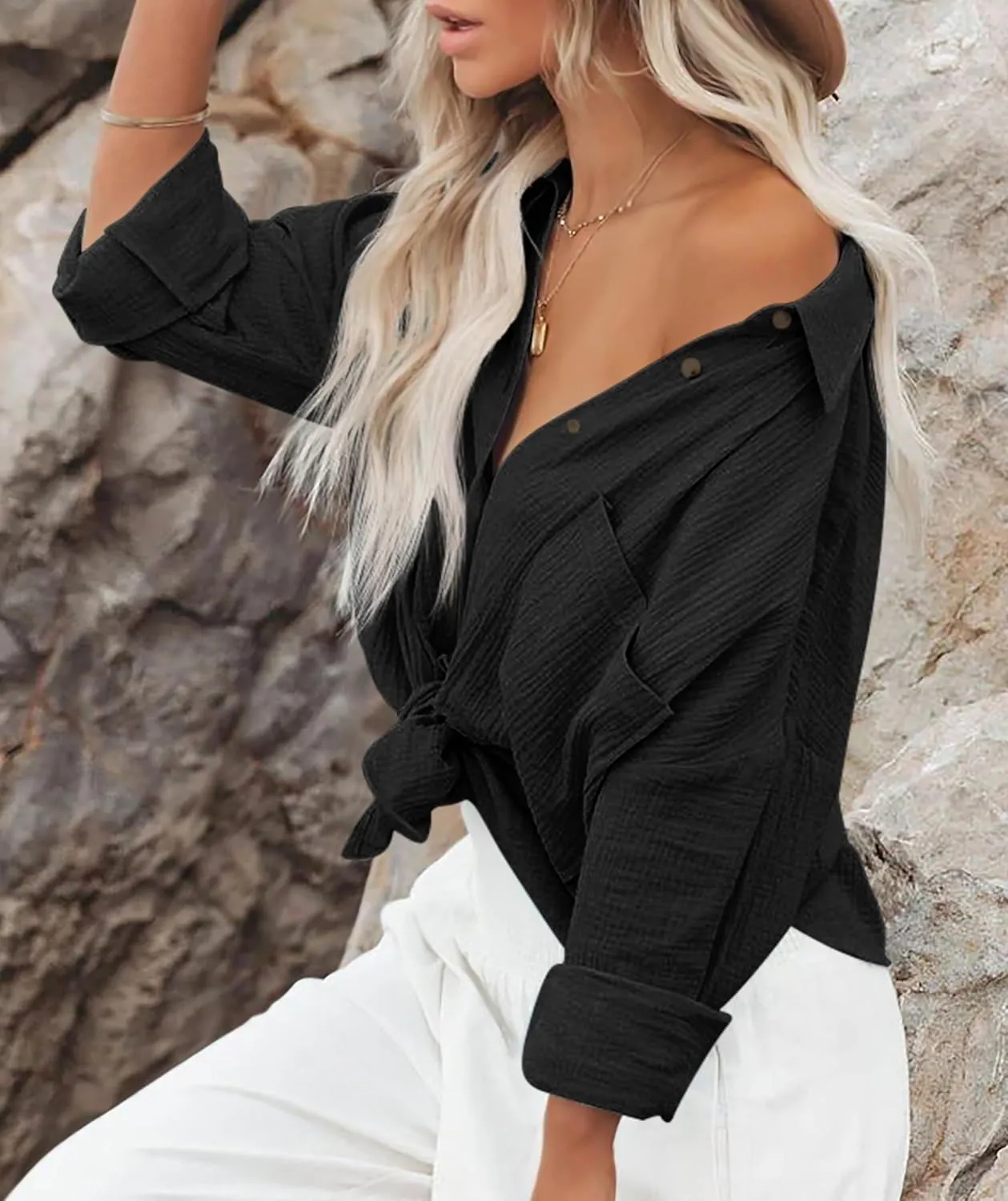 Diosun Womens Casual Button Down Shirts V Neck Long Sleeve Cotton Loose Fit Plain Work Blouse Tops with Pocket