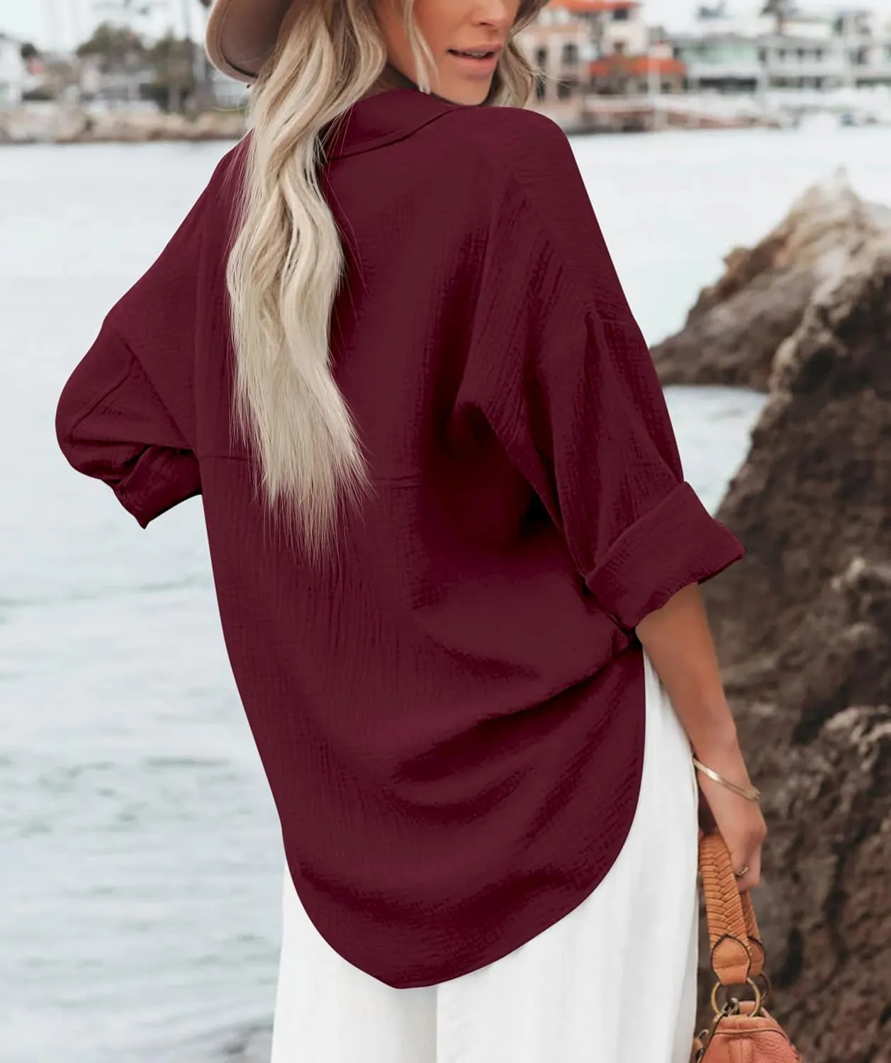 Diosun Womens Casual Button Down Shirts V Neck Long Sleeve Cotton Loose Fit Plain Work Blouse Tops with Pocket
