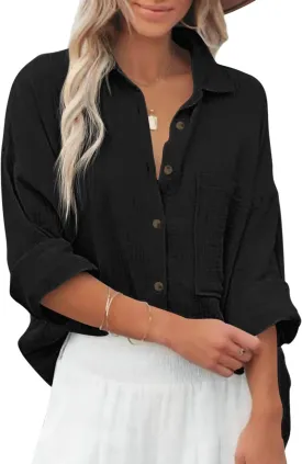 Diosun Womens Casual Button Down Shirts V Neck Long Sleeve Cotton Loose Fit Plain Work Blouse Tops with Pocket