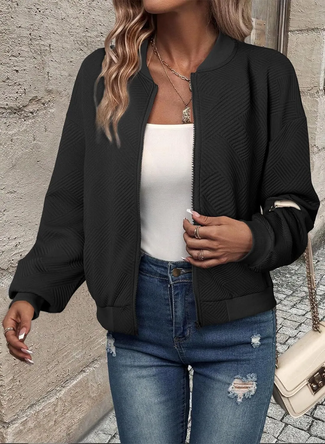 EVALESS Womens Bomber Jacket Coat Casual Stand Collar Zip Up Lightweight Fall Fashion Jackets Outfits with Pockets