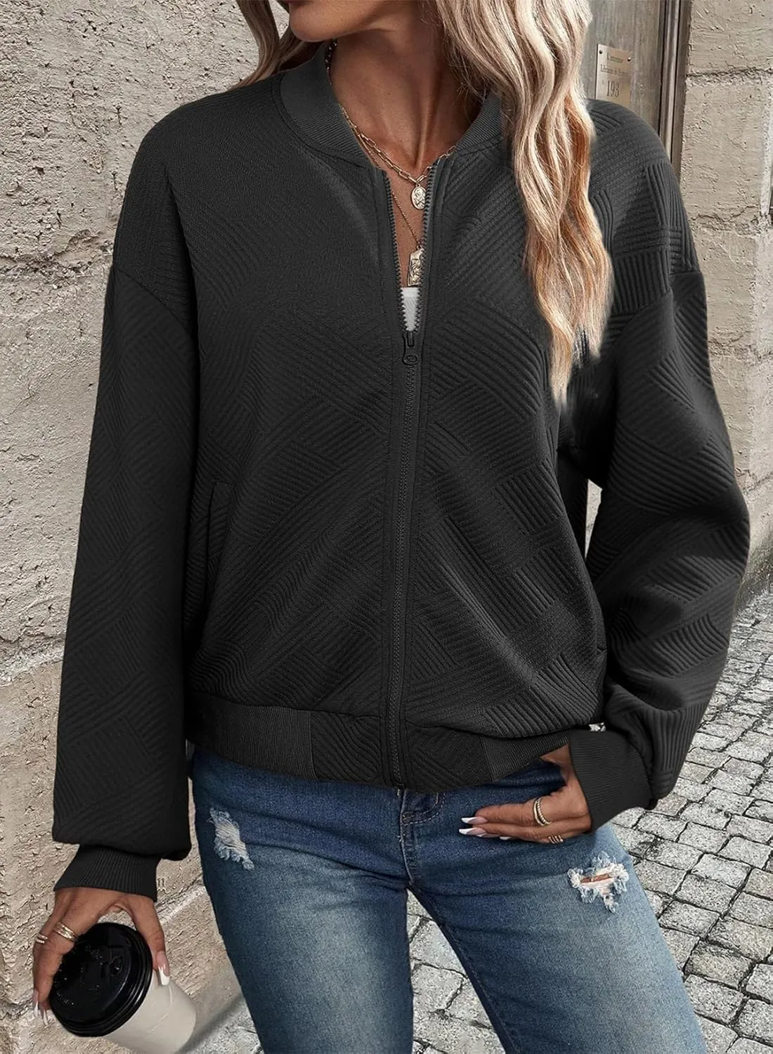 EVALESS Womens Bomber Jacket Coat Casual Stand Collar Zip Up Lightweight Fall Fashion Jackets Outfits with Pockets