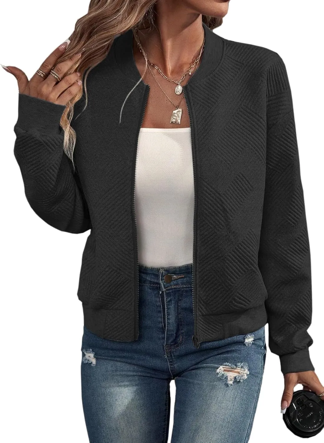 EVALESS Womens Bomber Jacket Coat Casual Stand Collar Zip Up Lightweight Fall Fashion Jackets Outfits with Pockets