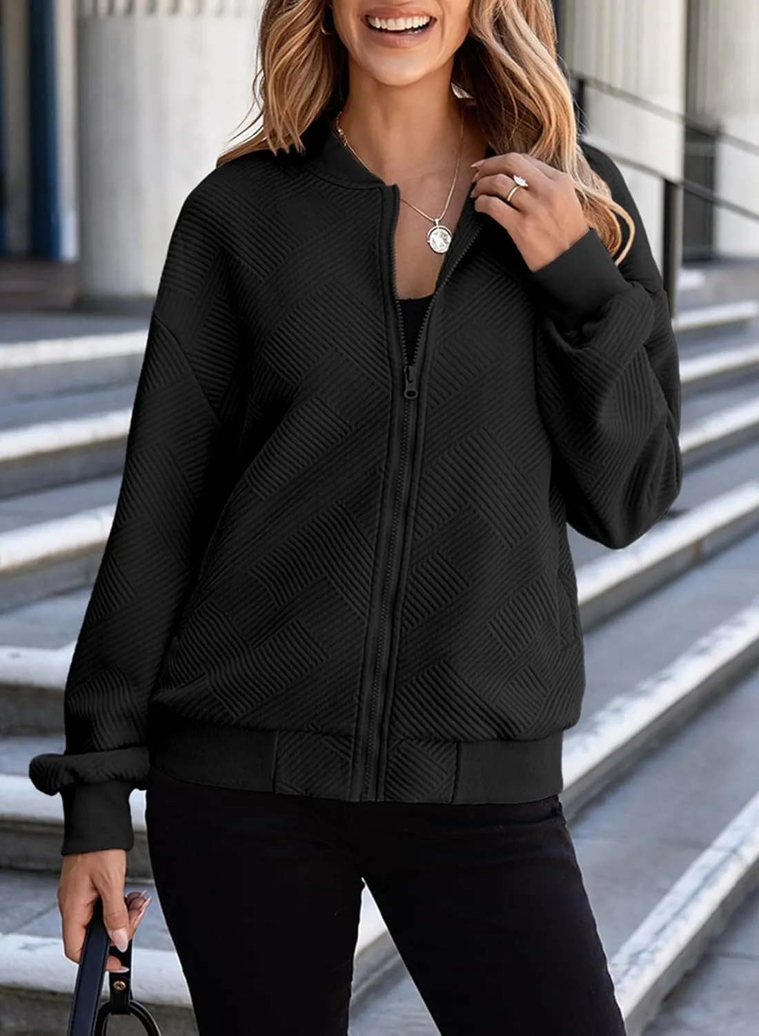 EVALESS Womens Bomber Jacket Coat Casual Stand Collar Zip Up Lightweight Fall Fashion Jackets Outfits with Pockets