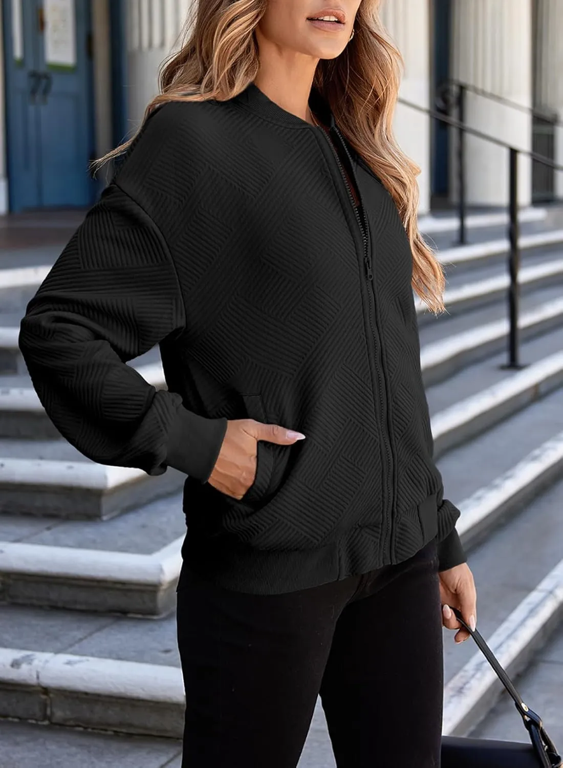 EVALESS Womens Bomber Jacket Coat Casual Stand Collar Zip Up Lightweight Fall Fashion Jackets Outfits with Pockets
