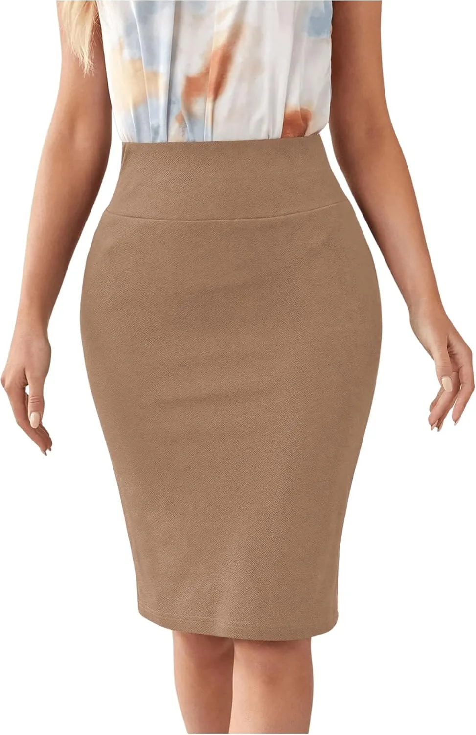 Floerns Women's Solid High Waisted Pencil Skirt Knee Length Office Skirts