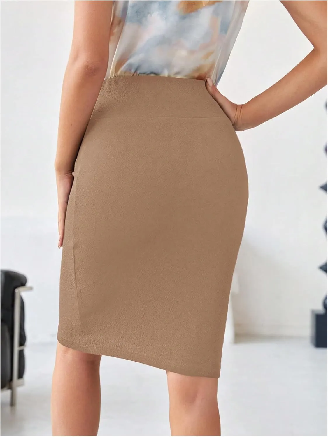 Floerns Women's Solid High Waisted Pencil Skirt Knee Length Office Skirts