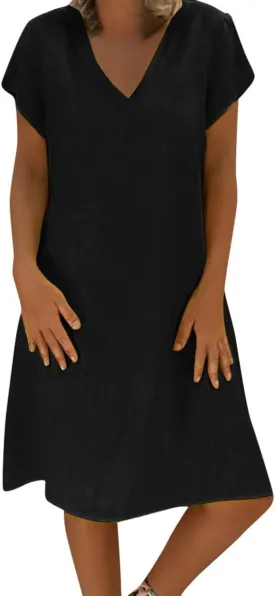 FZYLQY Womens Slim Dresses 2024 Ladies Summer Solid Cotton Linen Dress Short Sleeve V-Neck Dress Plus Size Mid-Calf Dress