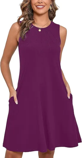 Heymoments Women's Summer Sleeveless Crew Neck Midi Dresses Casual Loose Fitted Tank Sundress with Pockets