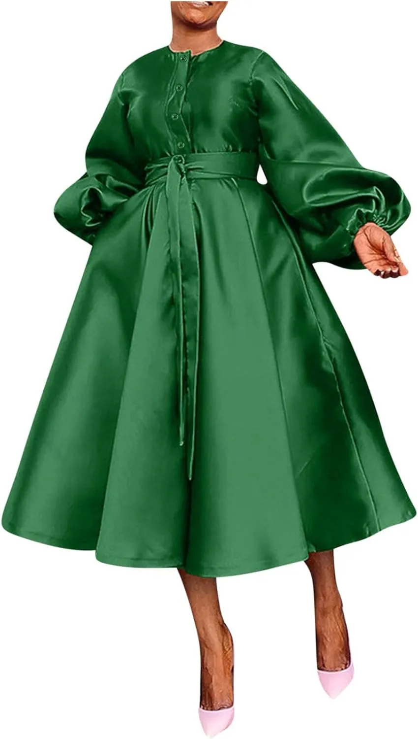 HGps8w Satin Swing Cocktail Midi Dresses for Women Elegant Puff Sleeve Button Front A-Line Formal Party Prom Dress