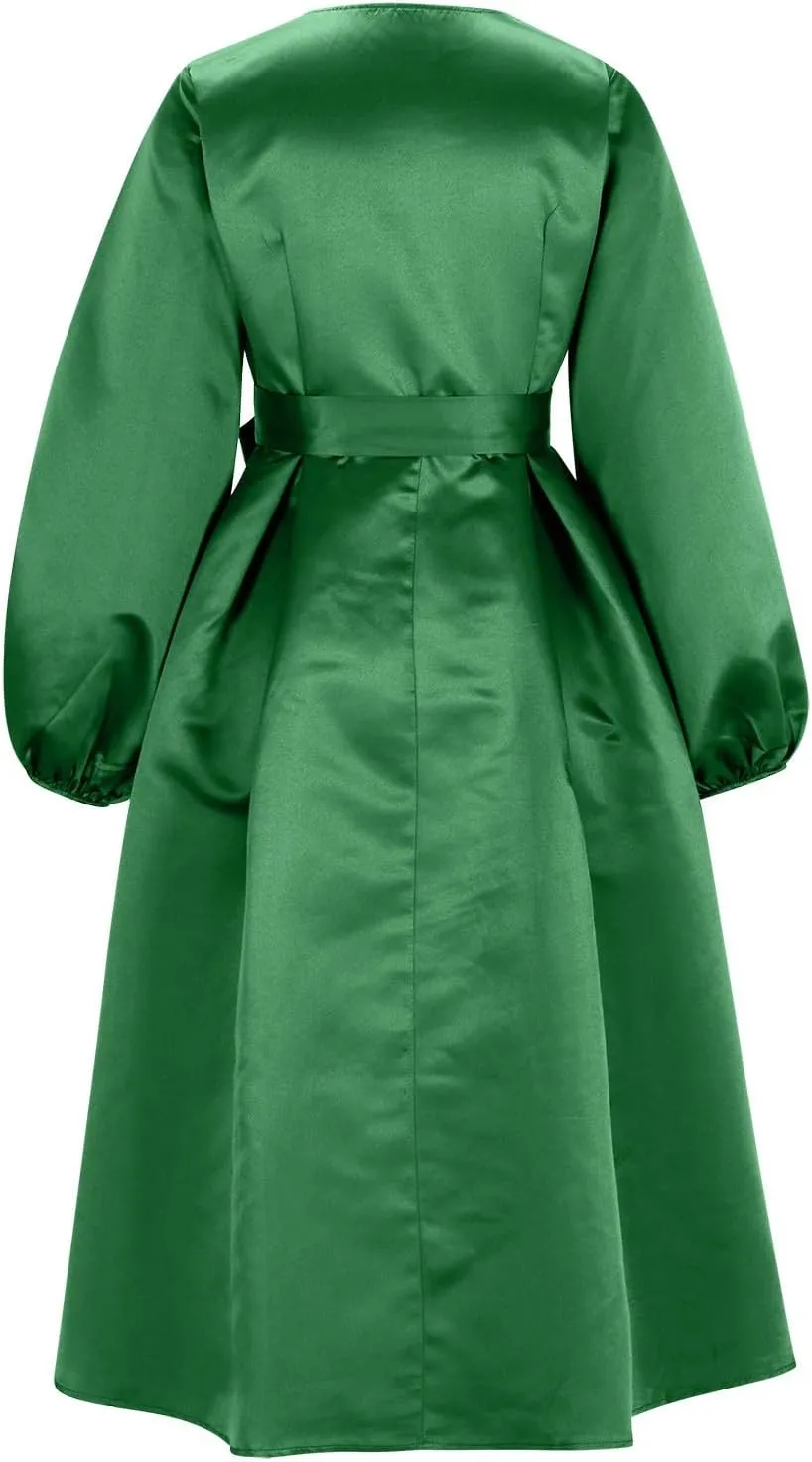 HGps8w Satin Swing Cocktail Midi Dresses for Women Elegant Puff Sleeve Button Front A-Line Formal Party Prom Dress