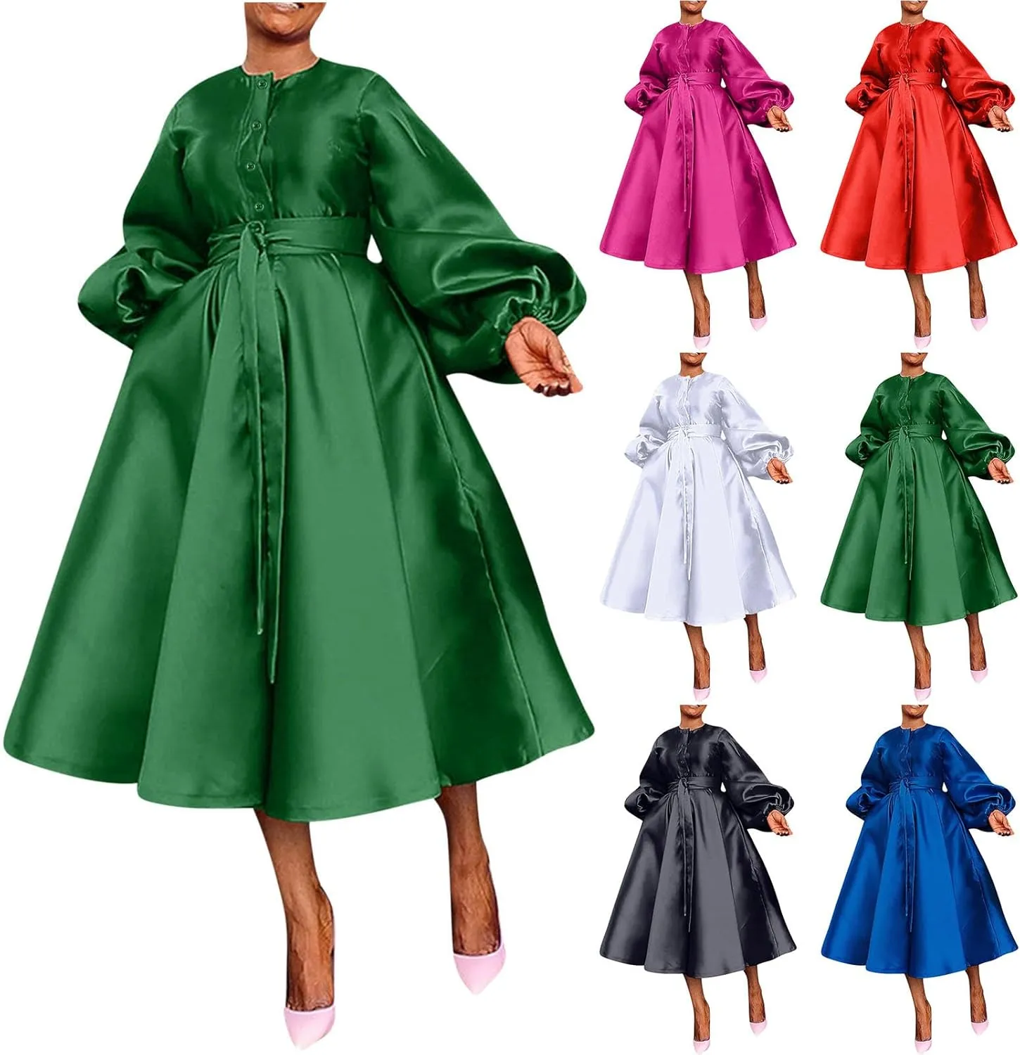 HGps8w Satin Swing Cocktail Midi Dresses for Women Elegant Puff Sleeve Button Front A-Line Formal Party Prom Dress