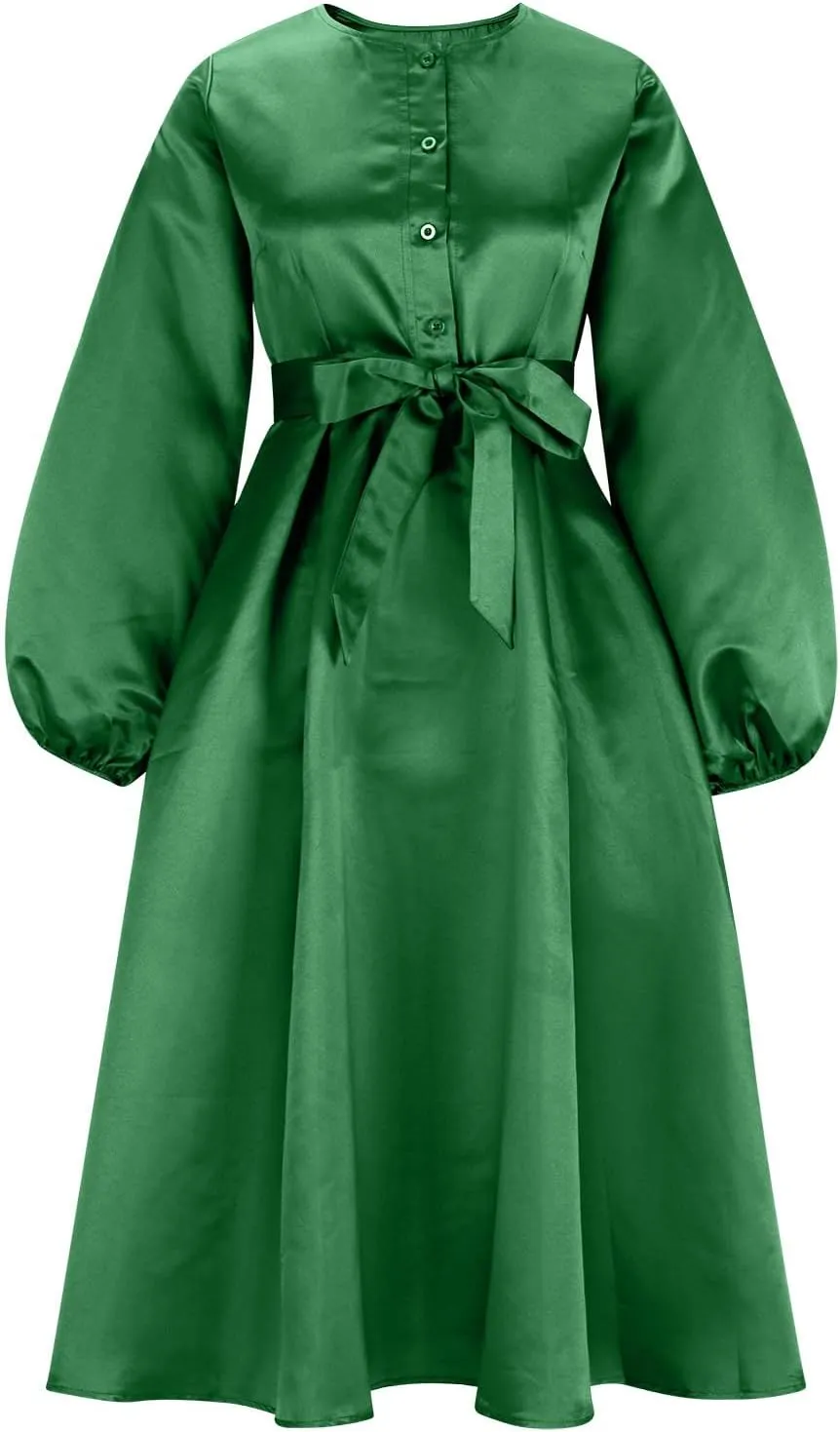 HGps8w Satin Swing Cocktail Midi Dresses for Women Elegant Puff Sleeve Button Front A-Line Formal Party Prom Dress
