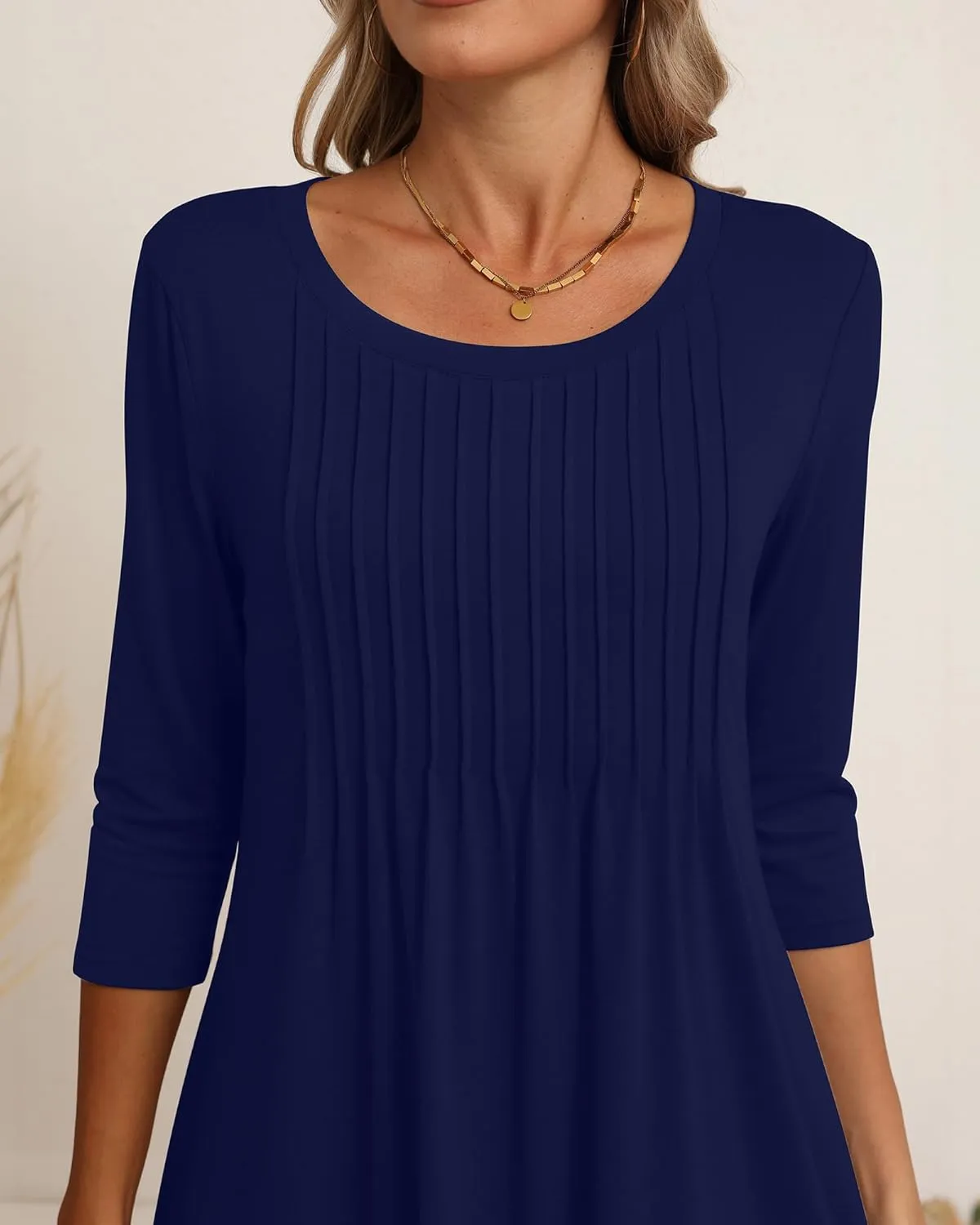 Huukeay Dresses for Women 3/4 Sleeve Crew Neck Casual Tunic Swing 2025 Dress Knee Length Pleated Fitted T Shirt Dress