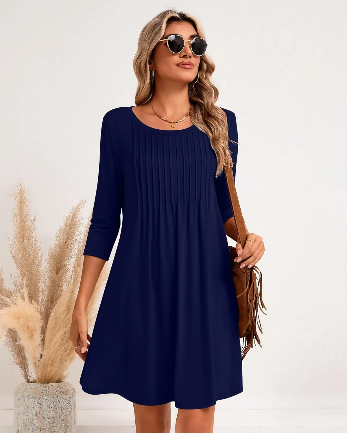 Huukeay Dresses for Women 3/4 Sleeve Crew Neck Casual Tunic Swing 2025 Dress Knee Length Pleated Fitted T Shirt Dress