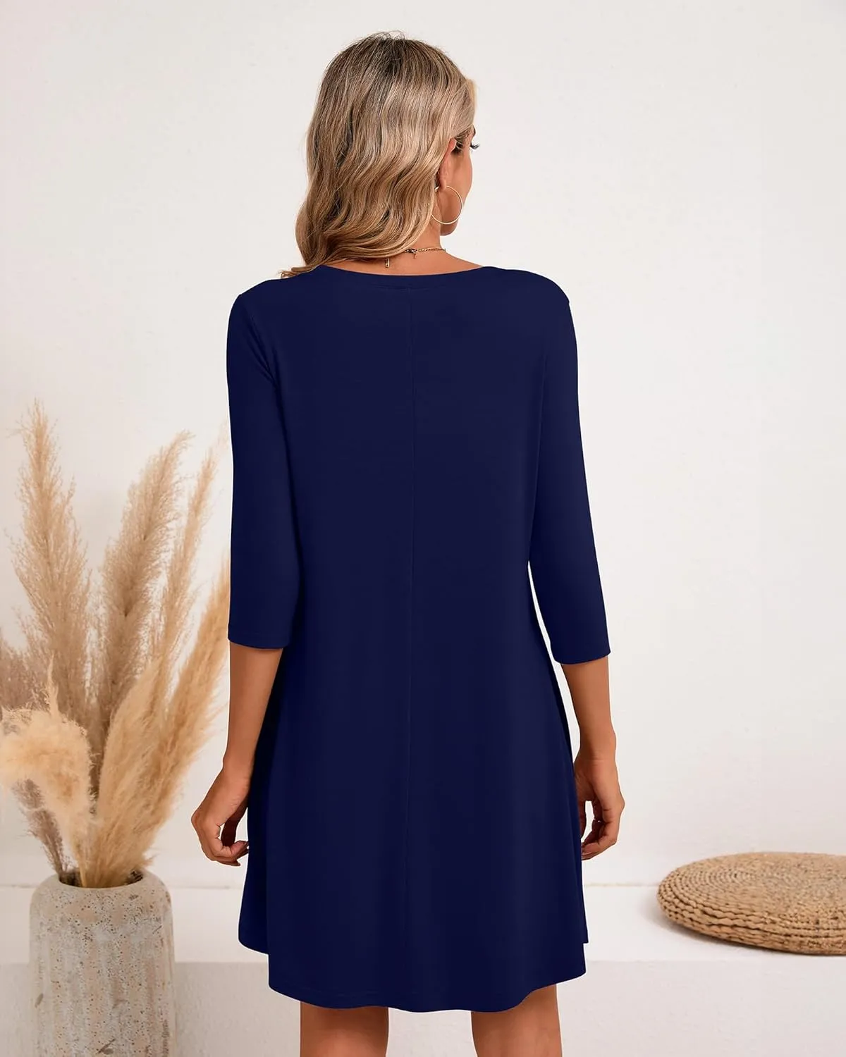 Huukeay Dresses for Women 3/4 Sleeve Crew Neck Casual Tunic Swing 2025 Dress Knee Length Pleated Fitted T Shirt Dress