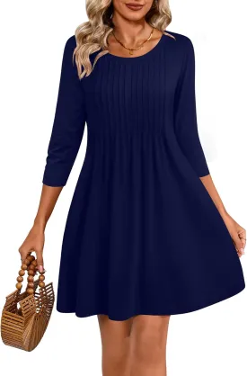 Huukeay Dresses for Women 3/4 Sleeve Crew Neck Casual Tunic Swing 2025 Dress Knee Length Pleated Fitted T Shirt Dress