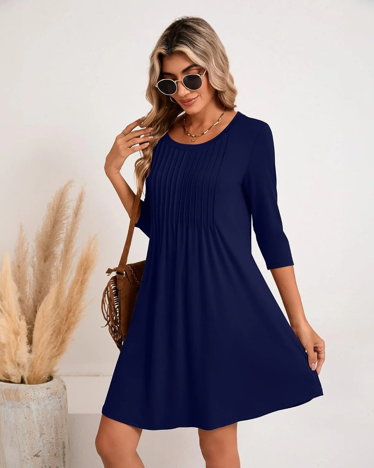 Huukeay Dresses for Women 3/4 Sleeve Crew Neck Casual Tunic Swing 2025 Dress Knee Length Pleated Fitted T Shirt Dress
