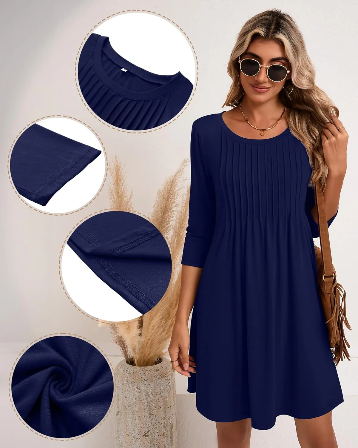 Huukeay Dresses for Women 3/4 Sleeve Crew Neck Casual Tunic Swing 2025 Dress Knee Length Pleated Fitted T Shirt Dress